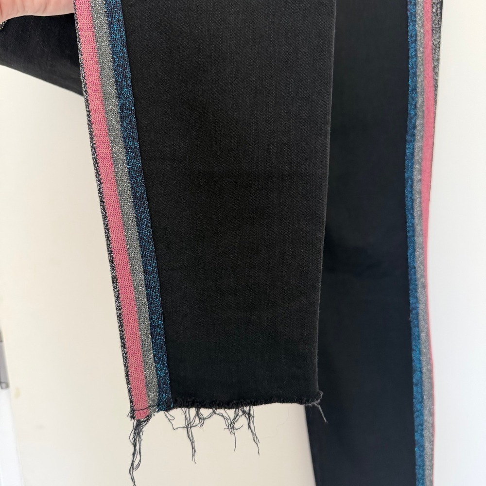MOTHER Black High Rise Jeans Metallic Stripe Raw Hem Womens Size 27 - Picture 3 of 10